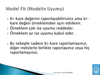 






Ki-kare değerini raporlayabilirsiniz ama kikare değeri örneklemden aşırı etkilenir.
Örneklem çok ise uyumu reddeder.
Örneklem az ise uyumu kabul eder.

Bu sebeple sadece ki-kare raporlamayınız,
diğer indislerle birlikte raporlayınız veya hiç
raporlamayınız.

Yrd. Doç. Dr. Serkan ARIKAN

 