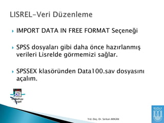 





IMPORT DATA IN FREE FORMAT Seçeneği
SPSS dosyaları gibi daha önce hazırlanmış
verileri Lisrelde görmemizi sağlar.

SPSSEX klasöründen Data100.sav dosyasını
açalım.

Yrd. Doç. Dr. Serkan ARIKAN

 