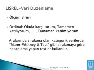 



Ölçüm Birimi
Ordinal: Okula karşı tutum, Tamamen
katılıyorum, …., Tamamen katılmıyorum

Aralarında sıralama olan kategorik verilerde
“Mann-Whitney U Test” gibi sıralamaya göre
hesaplama yapan testler kullanılır.

Yrd. Doç. Dr. Serkan ARIKAN

 