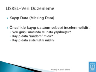 

Kayıp Data (Missing Data)



Öncelikle kayıp datanın sebebi incelenmelidir.
◦ Veri girişi sırasında mı hata yapılmıştır?
◦ Kayıp data “random” mıdır?
◦ Kayıp data sistematik midir?

Yrd. Doç. Dr. Serkan ARIKAN

 