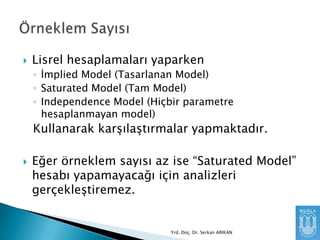 

Lisrel hesaplamaları yaparken
◦ Ġmplied Model (Tasarlanan Model)
◦ Saturated Model (Tam Model)
◦ Independence Model (Hiçbir parametre
hesaplanmayan model)

Kullanarak karşılaştırmalar yapmaktadır.


Eğer örneklem sayısı az ise “Saturated Model”
hesabı yapamayacağı için analizleri
gerçekleştiremez.

Yrd. Doç. Dr. Serkan ARIKAN

 