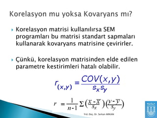 



Korelasyon matrisi kullanılırsa SEM
programları bu matrisi standart sapmaları
kullanarak kovaryans matrisine çevirirler.
Çünkü, korelasyon matrisinden elde edilen
parametre kestirimleri hatalı olabilir.

Yrd. Doç. Dr. Serkan ARIKAN

 