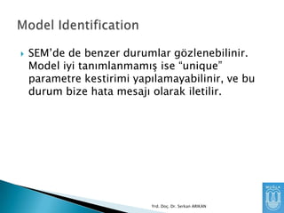 

SEM’de de benzer durumlar gözlenebilinir.
Model iyi tanımlanmamış ise “unique”
parametre kestirimi yapılamayabilinir, ve bu
durum bize hata mesajı olarak iletilir.

Yrd. Doç. Dr. Serkan ARIKAN

 