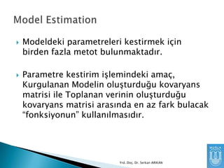 



Modeldeki parametreleri kestirmek için
birden fazla metot bulunmaktadır.
Parametre kestirim işlemindeki amaç,
Kurgulanan Modelin oluşturduğu kovaryans
matrisi ile Toplanan verinin oluşturduğu
kovaryans matrisi arasında en az fark bulacak
“fonksiyonun” kullanılmasıdır.

Yrd. Doç. Dr. Serkan ARIKAN

 