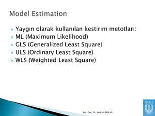 





Yaygın olarak kullanılan kestirim metotları:
ML (Maximum Likelihood)
GLS (Generalized Least Square)
ULS (Ordinary Least Square)
WLS (Weighted Least Square)

Yrd. Doç. Dr. Serkan ARIKAN

 