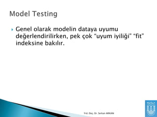 

Genel olarak modelin dataya uyumu
değerlendirilirken, pek çok “uyum iyiliği” “fit”
indeksine bakılır.

Yrd. Doç. Dr. Serkan ARIKAN

 