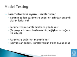 

Parametrelerin uyumu incelenirken
◦ Tahmin edilen parametre değerleri sıfırdan anlamlı
olarak farklı mı?
◦ Parametrenin işareti beklenen yönde mi?
◦ (Başarıyı artırması beklenen bir değişken + değere
mi sahip?)
◦ Parametre değerleri mantıklı mı?
◦ (varyanslar pozitif, korelasyonlar 1’den küçük mü)

Yrd. Doç. Dr. Serkan ARIKAN

 