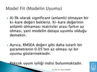 





A) Ġlk olarak significant (anlamlı) olmayan bir
ki-kare değeri bekleriz. Ki-kare değerinin
anlamlı olmaması matrixler arası farkın az
olması, yani modelin dataya uyumlu olduğu
demektir.
Ayrıca, RMSEA değeri gibi daha tutarlı bir
parametrenin 0.05’ten az olması iyi bir
uyumu göstermektedir.
Pekçok uyum iyiliği indisi bulunmaktadır.
Yrd. Doç. Dr. Serkan ARIKAN

 