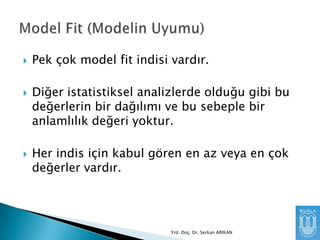 





Pek çok model fit indisi vardır.
Diğer istatistiksel analizlerde olduğu gibi bu
değerlerin bir dağılımı ve bu sebeple bir
anlamlılık değeri yoktur.
Her indis için kabul gören en az veya en çok
değerler vardır.

Yrd. Doç. Dr. Serkan ARIKAN

 