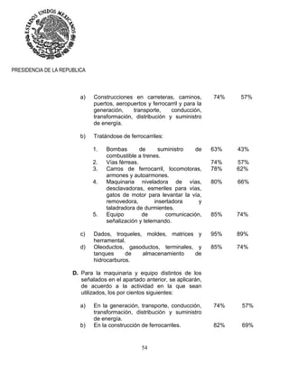 54
PRESIDENCIA DE LA REPUBLICA
a) Construcciones en carreteras, caminos,
puertos, aeropuertos y ferrocarril y para la
generación, transporte, conducción,
transformación, distribución y suministro
de energía.
74% 57%
b) Tratándose de ferrocarriles:
1. Bombas de suministro de
combustible a trenes.
63% 43%
2. Vías férreas. 74% 57%
3. Carros de ferrocarril, locomotoras,
armones y autoarmones.
78% 62%
4. Maquinaria niveladora de vías,
desclavadoras, esmeriles para vías,
gatos de motor para levantar la vía,
removedora, insertadora y
taladradora de durmientes.
80% 66%
5. Equipo de comunicación,
señalización y telemando.
85% 74%
c) Dados, troqueles, moldes, matrices y
herramental.
d) Oleoductos, gasoductos, terminales, y
tanques de almacenamiento de
hidrocarburos.
95%
85%
89%
74%
D. Para la maquinaria y equipo distintos de los
señalados en el apartado anterior, se aplicarán,
de acuerdo a la actividad en la que sean
utilizados, los por cientos siguientes:
a) En la generación, transporte, conducción,
transformación, distribución y suministro
de energía.
74% 57%
b) En la construcción de ferrocarriles. 82% 69%
 
