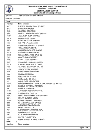 UNIVERSIDADE FEDERAL DE SANTA MARIA - UFSM
                                            PROGRAD - COPERVES
                                          VESTIBULAR 2010 da UFSM
                                       Candidatos Classificados por Curso
Ano: 2010          Curso: 407 - TECNOLOGIA EM ALIMENTOS

Situação: Classificado
Turma:         1
  Inscrição        Nome candidato
  4201             ELIESER XISTO DA SILVA SCHMITZ
  3742             BRUNA GOLDMEYER
  2188             GABRIELA RIGO ROSO
  5069             LUCCIELLI RODRIGUES DOS SANTOS
  15401            JULIANE DA ROSA SIMPLICIO
  16218            LISANDRA KOPP CUTI
  12179            CAROLINE CEOLIN BRAUNER
  1078             RICHARD ARAUJO SALLES
  8649             ANDRESSA BORDIN DOS SANTOS
  12754            THIELE PIRES VALENTE
  6813             CLARISSA OBEM DOS SANTOS
  16775            CRISTIAN FISCHER DREYER
  11970            RAFAEL MURATORIO SANCHEZ
  7395             GRAZIELA GASPARETTO
  17992            SALLY LUANA JABLONSKI
  5617             FRANCIELE POZZEBON PIVETTA
  12514            ETHIENE DA SILVA FONTOURA
  1313             GABRIELA DE ALMEIDA JURACH
  11176            JOZIELE DUTRA MENEZES
  4776             GIANA DA ROSA BELTRAME
  1804             MARILIA CASTAGNA
  5040             LARA FREITAS FLORES
  2435             CARLA LUISA SCHWAN
  1231             GIANE ENGEL MONTAGNER
  15244            ROBERTA MORENA CARVALHO MAGALHAES DE MATTOS
  8510             DANIELE DE FREITAS FERREIRA
  390              ANDREIA PERRANDO
  11627            ANDRESSA MEDIANEIRA LUCCA
  11222            PRISCILA GAY FOLETTO
  7470             DOUGLAS WILLIAM MENEZES FLORES
  4341             MELINA BARBOSA VIEIRA
  17695            CAMILA GIACOMELLI DA SILVA
  2299             NATALIA SOUZA DOS SANTOS
  5960             ALEXANDRE DIAS BARBOSA
  7834             MAIRA DINIZ VIZZOTO
  7534             EZEQUIEL LOVATO CORTE REAL
  8020             OHANA HEINEN FREIRE
  1907             IGOR MACHADO PEREIRA
  15203            LICIANE FLORES VIDAL
  10972            GIANE BEATRIZ MURARO TEIXEIRA
Turma:         2
  Inscrição        Nome candidato

                                                                              Página:   114
 