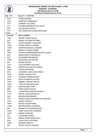 UNIVERSIDADE FEDERAL DE SANTA MARIA - UFSM
                                          PROGRAD - COPERVES
                                        VESTIBULAR 2010 da UFSM
                                     Candidatos Classificados por Curso
Ano: 2010        Curso: 401 - AGRONOMIA

 9739            LUANA ORLANDI
 10214           MARISTELA RODRIGUES
 7770            JENNIFER LUZ LOPES
 4011            EVANISE NASCIMENTO DA COSTA
 4745            WILLIAN DOS SANTOS
 3175            ANA TERCIA DE OLIVEIRA MACHADO
Turma:       2
 Inscrição       Nome candidato
 17087           ADONIS VICENTE BLASI
 5372            BIANCA VICTORIA ROTONDO
 7678            LAURA ENGROFF SCHEEREN
 17429           PEDRO CERETTA CADORE
 17954           CRISTIANE BIANCHI LOUREIRO
 3005            DANIELA TAMARA PEZZINI
 10274           ARTUR SCHNORRENBERGER DE OLIVEIRA
 5414            REGES BELLE STEFANELLO
 5274            ALEXANDRE DESSBESELL
 11969           DEIVERSON LUIZ CECONI
 608             BRUNO CHAVES
 11813           LUCAS BARROS DE SOUZA
 8696            MARCOS WILLIAM DE ALMEIDA
 13385           TAILOR SNOVARSKI
 5076            LEONARDO JOSE KURTZ URBAN
 16546           ANDRE AUGUSTO VEIT
 14149           LEANDRO CORREIA EBERT
 16432           GEAN LEONARDO RICHTER
 14910           GABRIEL VINICIUS FINATTO
 13483           YURI CAETANO MACHADO
 15340           HEURI GUEDES TEMP
 9886            FABIO SCHIO PILECCO
 16152           LUIZ RICARDO HENKES RADAELLI
 17701           RAFAEL LAGO BUSANELLO
 7823            RICARDO BOEHRINGER
 1578            MOISES JUNIOR ENCARNACAO MARQUES
 10515           MICHEL FERRETTI
 18449           RAFAEL BALON NUNES
 11458           BEATRIZ NUNES FAGUNDES
 406             BRUNO DE OLIVEIRA BALCONI
 12322           JAIME COELHO DE CAMARGO
 14439           SINARA POROLNIK
 705             GUILHERME GIORGI
 13373           ISMAEL MARIO MARCIO NEU
 3126            LUCAS ZOCH CASTANON
 18353           RODRIGO MINETTO
 759             FELIPE FALCAO PINHEIRO

                                                                            Página:   7
 