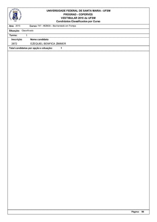 UNIVERSIDADE FEDERAL DE SANTA MARIA - UFSM
                                             PROGRAD - COPERVES
                                           VESTIBULAR 2010 da UFSM
                                        Candidatos Classificados por Curso
Ano: 2010          Curso: 747 - MÚSICA - Bacharelado em Trompa

Situação: Classificado
Turma:         1
  Inscrição        Nome candidato
  2872             EZEQUIEL BEMFICA ZIMMER
Total candidatos por opção e situação:         1




                                                                               Página:   96
 