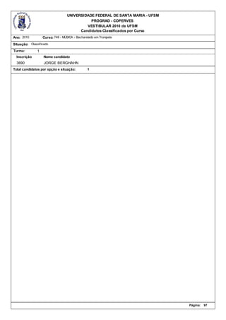 UNIVERSIDADE FEDERAL DE SANTA MARIA - UFSM
                                             PROGRAD - COPERVES
                                           VESTIBULAR 2010 da UFSM
                                        Candidatos Classificados por Curso
Ano: 2010          Curso: 748 - MÚSICA - Bacharelado em Trompete

Situação: Classificado
Turma:         1
  Inscrição        Nome candidato
  3890             JORGE BERGHAHN
Total candidatos por opção e situação:          1




                                                                               Página:   97
 