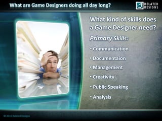 What are Game Designers doing all day long?

                                       What kind of skills does
                                       a Game Designer need?
                                       Primary Skills:
                                       • Communication
                                       • Documentaion
                                       • Management
                                       • Creativity
                                       • Public Speaking
                                       • Analysis


© 2010 Related Designs
 