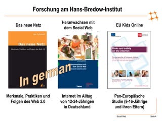 Forschung am Hans-Bredow-Institut  Merkmale, Praktiken und Folgen des Web 2.0 Internet im Alltag von 12-24-Jährigen in Deutschland Pan-Europäische Studie (9-16-Jährige und ihren Eltern) In german Das neue Netz EU Kids Online Heranwachsen mit dem Social Web 