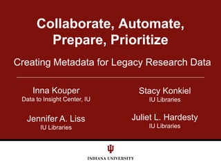 Creating Metadata for Legacy Research Data
Collaborate, Automate,
Prepare, Prioritize
Stacy Konkiel
IU Libraries
Inna Kouper
Data to Insight Center, IU
Jennifer A. Liss
IU Libraries
Juliet L. Hardesty
IU Libraries
 