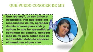 Que puedo conocer de mi?


Que “yo soy”, un ser único e
irrepetible. Por que debo ser
responsable de mi, aprender
de mis errores para vivir y
aplicar lo que he aprendido y
continuar mi camino, conocer
mas de mi para saber mas de
mi, también debo de conocer
el mundo en el que vivo.

 