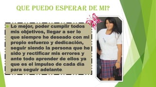 Que puedo esperar de mi?


Lo mejor, poder cumplir todos
mis objetivos, llegar a ser lo
que siempre he deseado con mi
propio esfuerzo y dedicación,
seguir siendo la persona que he
sido y rectificar mis errores y
ante todo aprender de ellos ya
que es el impulso de cada día
para seguir adelante.

 