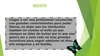 Misión


Llegar a ser una profesional reconocida
con grandes conocimientos para poder
liderar, no dejar que los obstáculos
impidan mi camino al éxito ya que
siempre se debe de luchar por lo que uno
quiere ser y ante todo mi mas grandes
incentivos para seguir adelante mi dios,
mis amigos/as y mi familia.

 