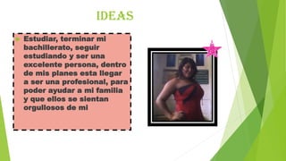 ideas


Estudiar, terminar mi
bachillerato, seguir
estudiando y ser una
excelente persona, dentro
de mis planes esta llegar
a ser una profesional, para
poder ayudar a mi familia
y que ellos se sientan
orgullosos de mi

 