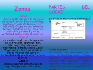 Zonas
Zona1
Espacio destinado para la ubicación
de la razón social, sigla o acrónimo,
logotipo en caso de tenerlo y Nit
(opcional). Ocupa los dos primeros
tercios, desde el borde izquierdo
del sobre y entre 3 y 4 cm
verticales desde el borde superior.
Zona 2
Espacio destinado para la impresión
de la dirección, apartado, fax,
teléfono, télex, dirección
electrónica (e-mail), ciudad y país.
Ocupa entre 1,5 y 2 cm desde el
borde inferior del sobre y
horizontalmente puede abarcar todo
el ancho.
Zona 3
Espacio superior derecho que se
deja libre para uso del correo.
PARTES DEL
SOBRE
Se divide en tres tercios distribuidos
así:
Tercio Izquierdo
Se empieza para anotaciones tales
como: confidencial, personal, contiene
disquete, contiene videocinta,
contiene cinta magnética, contiene
muestras, entre otras, las cuales se
ubican centradas en la parte inferior
del tercio.
 