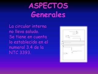 ASPECTOS
Generales
La circular interna
no lleva saludo.
Se tiene en cuenta
lo establecido en el
numeral 3.4 de la
NTC 3393.
 