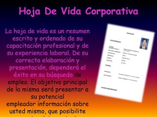 Hoja De Vida Corporativa
La hoja de vida es un resumen
escrito y ordenado de su
capacitación profesional y de
su experiencia laboral. De su
correcta elaboración y
presentación, dependerá el
éxito en su búsqueda de
empleo. El objetivo principal
de la misma será presentar a
su potencial
empleador información sobre
usted mismo, que posibilite
 