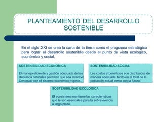PLANTEAMIENTO DEL DESARROLLO
SOSTENIBLE
En el siglo XXI se crea la carta de la tierra como el programa estratégico
para lograr el desarrollo sostenible desde el punto de vista ecológico,
económico y social.
SOSTENIBILIDAD ECONOMICA

SOSTENIBILIDAD SOCIAL

El manejo eficiente y gestión adecuada de los
Recursos naturales permiten que sea atractivo
Continuar con el sistema económico vigente.

Los costos y beneficios son distribuidos de
manera adecuada, tanto en el total de la
población actual como con la futura.

SOSTENIBILIDAD ECOLOGICA
El ecosistema mantiene las características
que le son esenciales para la sobrevivencia
a largo plazo.

 