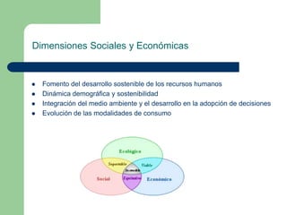 Dimensiones Sociales y Económicas







Fomento del desarrollo sostenible de los recursos humanos
Dinámica demográfica y sostenibilidad
Integración del medio ambiente y el desarrollo en la adopción de decisiones
Evolución de las modalidades de consumo

 