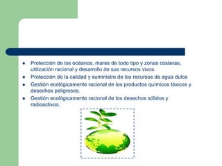 




Protección de los océanos, mares de todo tipo y zonas costeras,
utilización racional y desarrollo de sus recursos vivos.
Protección de la calidad y suministro de los recursos de agua dulce
Gestión ecológicamente racional de los productos químicos tóxicos y
desechos peligrosos.
Gestión ecológicamente racional de los desechos sólidos y
radioactivos.

 