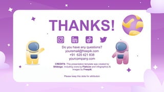 CREDITS: This presentation template was created by
Slidesgo, including icons by Flaticon and infographics &
images by Freepik
THANKS!
Do you have any questions?
youremail@freepik.com
+91 620 421 838
yourcompany.com
Please keep this slide for attribution
 