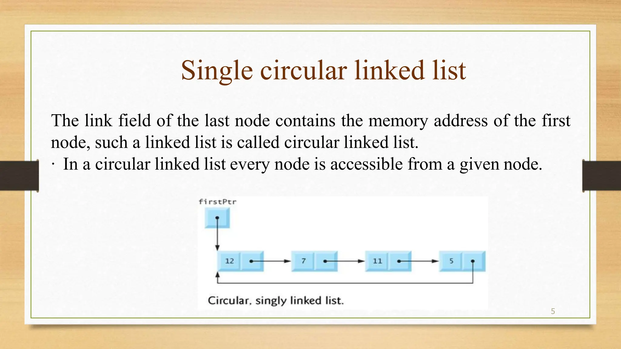 5
Single circular linked list
The link field of the last node contains the memory address of the first
node, such a linked list is called circular linked list.
· In a circular linked list every node is accessible from a given node.
 