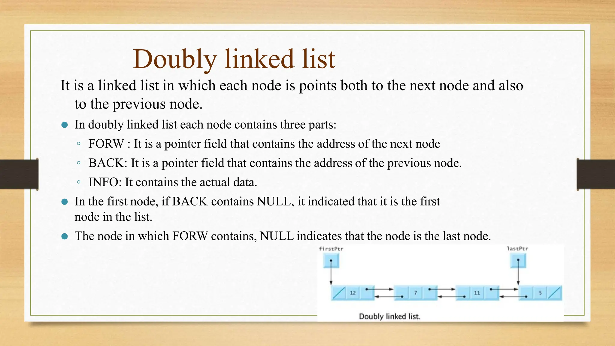 6
Doubly linked list
It is a linked list in which each node is points both to the next node and also
to the previous node.
⚫ In doubly linked list each node contains three parts:
◦ FORW : It is a pointer field that contains the address of the next node
◦ BACK: It is a pointer field that contains the address of the previous node.
◦ INFO: It contains the actual data.
⚫ In the first node, if BACK contains NULL, it indicated that it is the first
node in the list.
⚫ The node in which FORW contains, NULL indicates that the node is the last node.
 