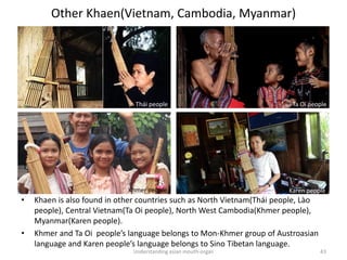 Other Khaen(Vietnam, Cambodia, Myanmar)
Understanding asian mouth-organ 43
• Khaen is also found in other countries such as North Vietnam(Thái people, Lào
people), Central Vietnam(Ta Oi people), North West Cambodia(Khmer people),
Myanmar(Karen people).
• Khmer and Ta Oi people’s language belongs to Mon-Khmer group of Austroasian
language and Karen people’s language belongs to Sino Tibetan language.
Thái people Ta Oi people
Karen peopleKhmer people
 