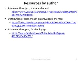 Resources by author
• Asian mouth-organs, youtube channel
– https://www.youtube.com/playlist?list=PLbZuCflx8gAqMrdPy
dCx2ZR2wZBX3O0hi
• Distribution of asian mouth-organs, google my map
– https://drive.google.com/open?id=1ORCKot59TO8ZRcPrTbw
ejJuQgQLbWYTN&usp=sharing
• Asian mouth-organs, facebook page
– https://www.facebook.com/Asian-Mouth-Organs-
492725104564752/
Understanding asian mouth-organ 48
 