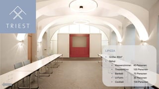 LIPIZZA


Größe: 80m²



Setup:


Klassenzimmer: 40 Personen



Theater/Kino:

100 Personen



Bankett:

70 Personen



U-Form:

30 Personen



Cocktail:

100 Personen

 