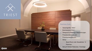 Business Suite


Gesamtgröße: 100m²



Businessarea: 50m²



Geeignet für Meetings, Besprechungen,
Pressekonferenzen und
Produktpräsentationen.



Setup:


Board Room oder Sesselkreis: 12
Personen



Bang & Olufsen Flatscreen, Tonanlage

 