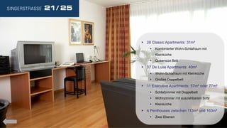  28 Classic Apartments: 31m²


Kombinierter Wohn-Schlafraum mit
Kleinküche



Queensize Bett

 37 De Luxe Apartments: 40m²


Wohn-Schlafraum mit Kleinküche



Großes Doppelbett

 11 Executive Apartments: 57m² oder 77m²


Schlafzimmer mit Doppelbett



Wohnzimmer mit ausziehbarem Sofa



Kleinküche

 4 Penthouses zwischen 113m² und 163m²


Zwei Ebenen

 