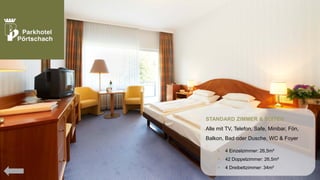 STANDARD ZIMMER & SUITEN
Alle mit TV, Telefon, Safe, Minibar, Fön,
Balkon, Bad oder Dusche, WC & Foyer


4 Einzelzimmer: 26,5m²



42 Doppelzimmer: 26,5m²



4 Dreibettzimmer: 34m²

 