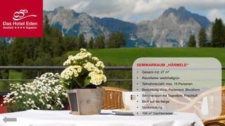 SEMINARRAUM „HÄRMELE“


Gesamt m2: 27 m²



Raumfarbe: weiß/hellgrün



Teilnehmerzahl: max. 15 Personen



Bestuhlung: Kino, Parlament, Blockform



Seminarraum mit Tageslicht, Frischluft



Blick auf die Berge



Verdunkelung



106 m² Dachterrasse

 