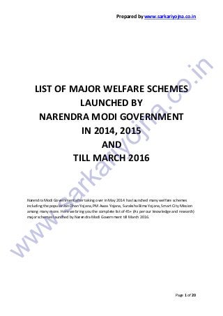 Prepared by www.sarkariyojna.co.in
Page 1 of 20
LIST OF MAJOR WELFARE SCHEMES
LAUNCHED BY
NARENDRA MODI GOVERNMENT
IN 2014, 2015
AND
TILL MARCH 2016
Narendra Modi Government after taking over in May 2014 has launched many welfare schemes
including the popular Jan Dhan Yojana, PM Awas Yojana, Suraksha Bima Yojana, Smart City Mission
among many more. Here we bring you the complete list of 45+ (As per our knowledge and research)
major schemes launched by Narendra Modi Government till March 2016.
w
w
w
.sarkariyojna.co.in
 