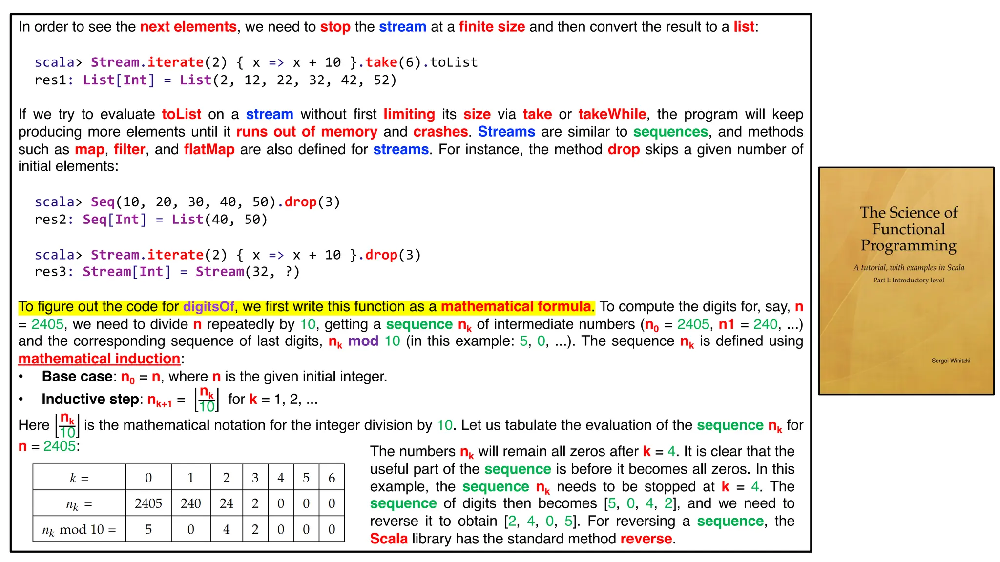 In order to see the next elements, we need to stop the stream at a finite size and then convert the result to a list:
scala> Stream.iterate(2) { x => x + 10 }.take(6).toList
res1: List[Int] = List(2, 12, 22, 32, 42, 52)
If we try to evaluate toList on a stream without first limiting its size via take or takeWhile, the program will keep
producing more elements until it runs out of memory and crashes. Streams are similar to sequences, and methods
such as map, filter, and flatMap are also defined for streams. For instance, the method drop skips a given number of
initial elements:
scala> Seq(10, 20, 30, 40, 50).drop(3)
res2: Seq[Int] = List(40, 50)
scala> Stream.iterate(2) { x => x + 10 }.drop(3)
res3: Stream[Int] = Stream(32, ?)
To figure out the code for digitsOf, we first write this function as a mathematical formula. To compute the digits for, say, n
= 2405, we need to divide n repeatedly by 10, getting a sequence nk of intermediate numbers (n0 = 2405, n1 = 240, ...)
and the corresponding sequence of last digits, nk mod 10 (in this example: 5, 0, ...). The sequence nk is defined using
mathematical induction:
• Base case: n0 = n, where n is the given initial integer.
• Inductive step: nk+1 =
nk
10
for k = 1, 2, ...
Here
nk
10
is the mathematical notation for the integer division by 10. Let us tabulate the evaluation of the sequence nk for
n = 2405: The numbers nk will remain all zeros after k = 4. It is clear that the
useful part of the sequence is before it becomes all zeros. In this
example, the sequence nk needs to be stopped at k = 4. The
sequence of digits then becomes [5, 0, 4, 2], and we need to
reverse it to obtain [2, 4, 0, 5]. For reversing a sequence, the
Scala library has the standard method reverse.
 