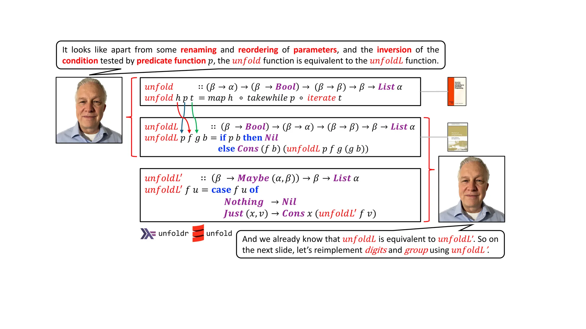 𝑢𝑛𝑓𝑜𝑙𝑑𝐿 ∷ 𝛽 → 𝑩𝒐𝒐𝒍 → (𝛽 → 𝛼) → (𝛽 → 𝛽) → 𝛽 → 𝑳𝒊𝒔𝒕 𝛼
𝑢𝑛𝑓𝑜𝑙𝑑𝐿 𝑝 𝑓 𝑔 𝑏 = 𝐢𝐟 𝑝 𝑏 𝐭𝐡𝐞𝐧 𝑵𝒊𝒍
𝐞𝐥𝐬𝐞 𝑪𝒐𝒏𝒔 (𝑓 𝑏) (𝑢𝑛𝑓𝑜𝑙𝑑𝐿 𝑝 𝑓 𝑔 (𝑔 𝑏))
It looks like apart from some renaming and reordering of parameters, and the inversion of the
condition tested by predicate function 𝑝, the 𝑢𝑛𝑓𝑜𝑙𝑑 function is equivalent to the 𝑢𝑛𝑓𝑜𝑙𝑑𝐿 function.
𝑢𝑛𝑓𝑜𝑙𝑑 ∷ (𝛽 → 𝛼) → 𝛽 → 𝑩𝒐𝒐𝒍 → (𝛽 → 𝛽) → 𝛽 → 𝑳𝒊𝒔𝒕 𝛼
𝑢𝑛𝑓𝑜𝑙𝑑 ℎ 𝑝 𝑡 = 𝑚𝑎𝑝 ℎ ∘ 𝑡𝑎𝑘𝑒𝑤ℎ𝑖𝑙𝑒 𝑝 ∘ 𝑖𝑡𝑒𝑟𝑎𝑡𝑒 𝑡
And we already know that 𝑢𝑛𝑓𝑜𝑙𝑑𝐿 is equivalent to 𝑢𝑛𝑓𝑜𝑙𝑑𝐿’. So on
the next slide, let’s reimplement digits and group using 𝑢𝑛𝑓𝑜𝑙𝑑𝐿’.
𝑢𝑛𝑓𝑜𝑙𝑑𝐿! ∷ 𝛽 → 𝑴𝒂𝒚𝒃𝒆 (𝛼, 𝛽) → 𝛽 → 𝑳𝒊𝒔𝒕 𝛼
𝑢𝑛𝑓𝑜𝑙𝑑𝐿! 𝑓 𝑢 = 𝐜𝐚𝐬𝐞 𝑓 𝑢 𝐨𝐟
𝑵𝒐𝒕𝒉𝒊𝒏𝒈 → 𝑵𝒊𝒍
𝑱𝒖𝒔𝒕 (𝑥, 𝑣) → 𝑪𝒐𝒏𝒔 𝑥 (𝑢𝑛𝑓𝑜𝑙𝑑𝐿! 𝑓 𝑣)
unfoldr unfold
 