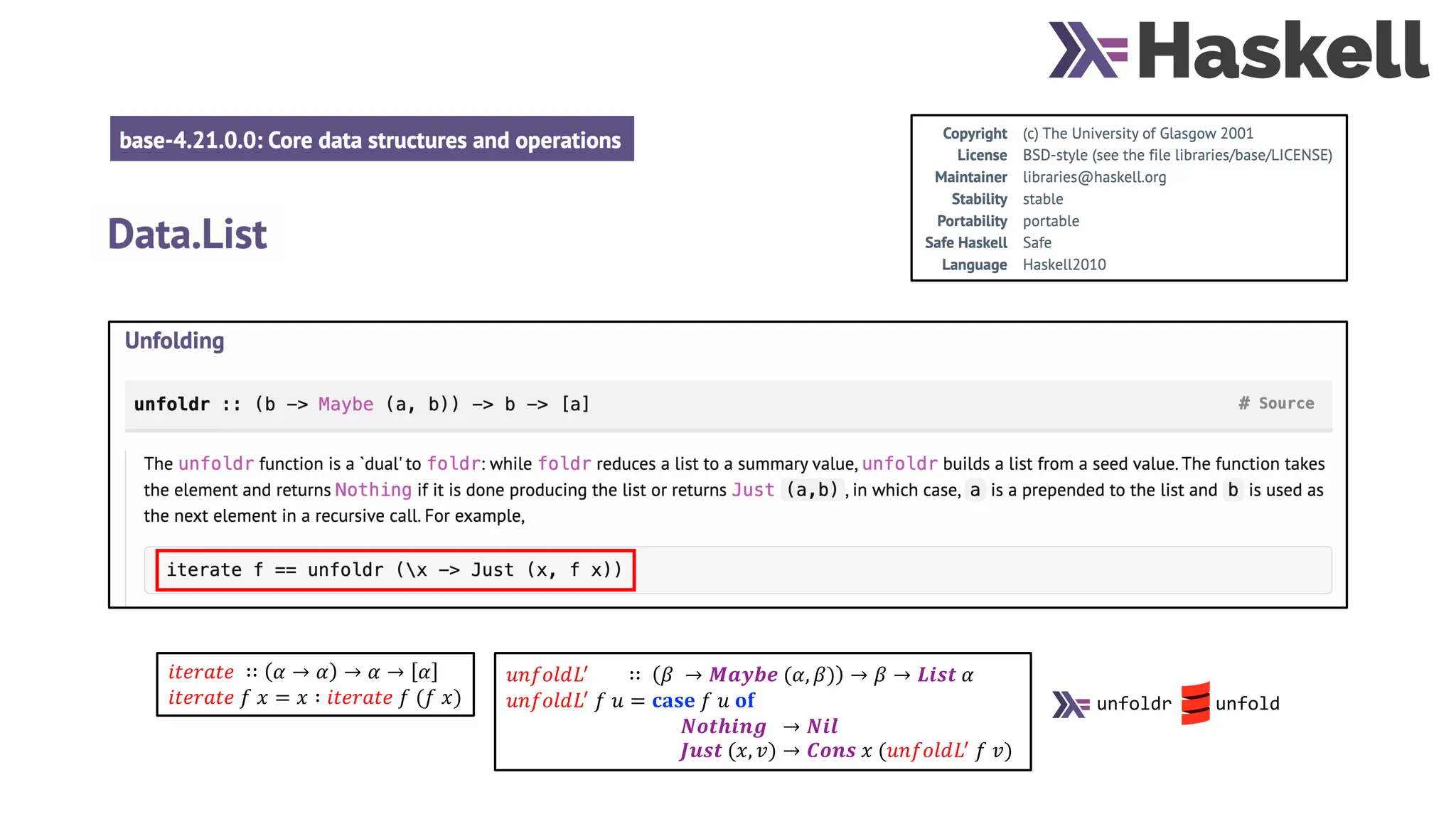 𝑢𝑛𝑓𝑜𝑙𝑑𝐿!
∷ 𝛽 → 𝑴𝒂𝒚𝒃𝒆 (𝛼, 𝛽) → 𝛽 → 𝑳𝒊𝒔𝒕 𝛼
𝑢𝑛𝑓𝑜𝑙𝑑𝐿!
𝑓 𝑢 = 𝐜𝐚𝐬𝐞 𝑓 𝑢 𝐨𝐟
𝑵𝒐𝒕𝒉𝒊𝒏𝒈 → 𝑵𝒊𝒍
𝑱𝒖𝒔𝒕 (𝑥, 𝑣) → 𝑪𝒐𝒏𝒔 𝑥 (𝑢𝑛𝑓𝑜𝑙𝑑𝐿!
𝑓 𝑣)
𝑖𝑡𝑒𝑟𝑎𝑡𝑒 ∷ 𝛼 → 𝛼 → 𝛼 → 𝛼
𝑖𝑡𝑒𝑟𝑎𝑡𝑒 𝑓 𝑥 = 𝑥 ∶ 𝑖𝑡𝑒𝑟𝑎𝑡𝑒 𝑓 (𝑓 𝑥) unfoldr unfold
 