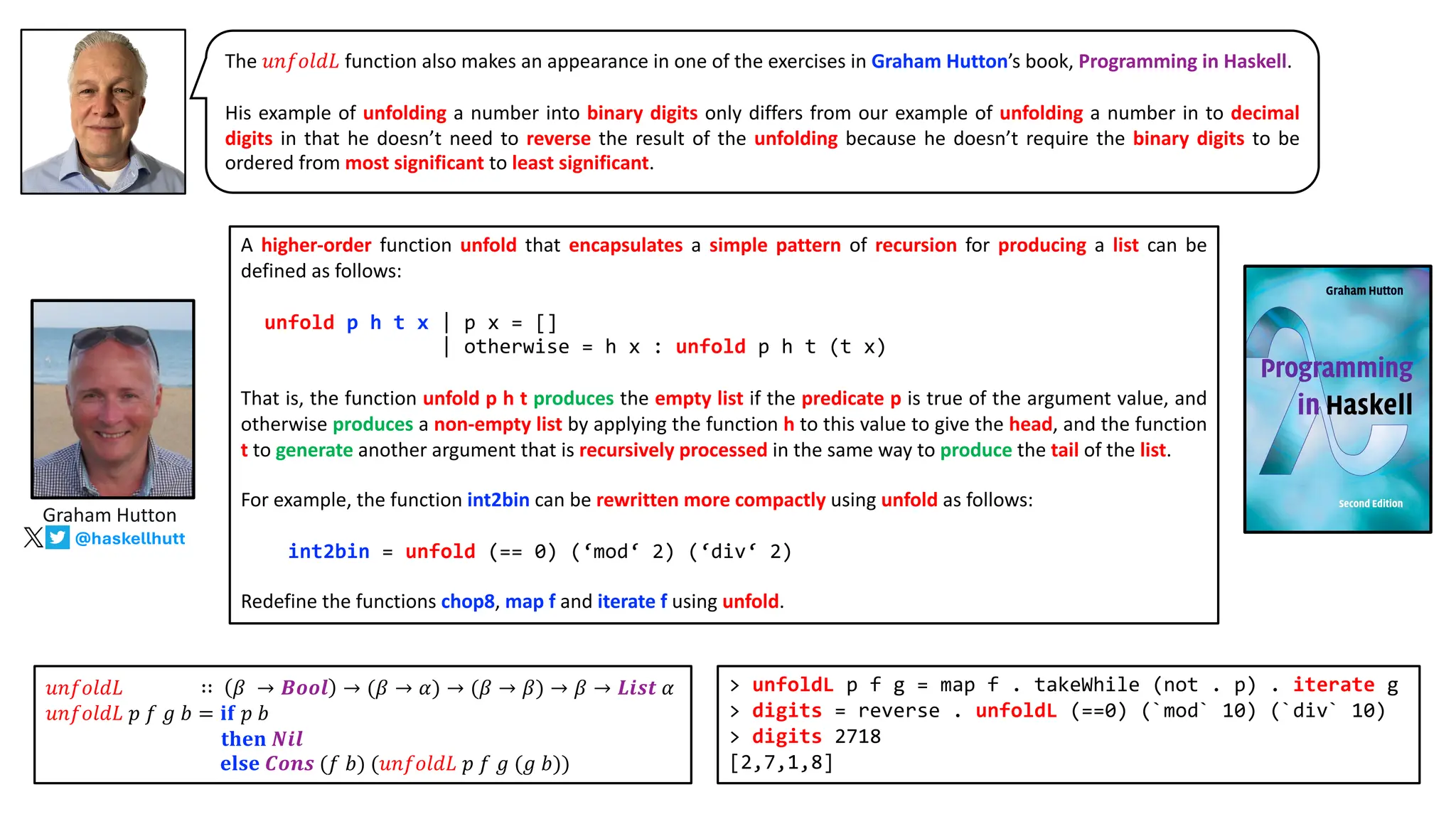 The 𝑢𝑛𝑓𝑜𝑙𝑑𝐿 function also makes an appearance in one of the exercises in Graham Hutton’s book, Programming in Haskell.
His example of unfolding a number into binary digits only differs from our example of unfolding a number in to decimal
digits in that he doesn’t need to reverse the result of the unfolding because he doesn’t require the binary digits to be
ordered from most significant to least significant.
A higher-order function unfold that encapsulates a simple pattern of recursion for producing a list can be
defined as follows:
unfold p h t x | p x = []
| otherwise = h x : unfold p h t (t x)
That is, the function unfold p h t produces the empty list if the predicate p is true of the argument value, and
otherwise produces a non-empty list by applying the function h to this value to give the head, and the function
t to generate another argument that is recursively processed in the same way to produce the tail of the list.
For example, the function int2bin can be rewritten more compactly using unfold as follows:
int2bin = unfold (== 0) (‘mod‘ 2) (‘div‘ 2)
Redefine the functions chop8, map f and iterate f using unfold.
𝑢𝑛𝑓𝑜𝑙𝑑𝐿 ∷ 𝛽 → 𝑩𝒐𝒐𝒍 → (𝛽 → 𝛼) → (𝛽 → 𝛽) → 𝛽 → 𝑳𝒊𝒔𝒕 𝛼
𝑢𝑛𝑓𝑜𝑙𝑑𝐿 𝑝 𝑓 𝑔 𝑏 = 𝐢𝐟 𝑝 𝑏
𝐭𝐡𝐞𝐧 𝑵𝒊𝒍
𝐞𝐥𝐬𝐞 𝑪𝒐𝒏𝒔 (𝑓 𝑏) (𝑢𝑛𝑓𝑜𝑙𝑑𝐿 𝑝 𝑓 𝑔 (𝑔 𝑏))
> unfoldL p f g = map f . takeWhile (not . p) . iterate g
> digits = reverse . unfoldL (==0) (`mod` 10) (`div` 10)
> digits 2718
[2,7,1,8]
Graham Hutton
@haskellhutt
 