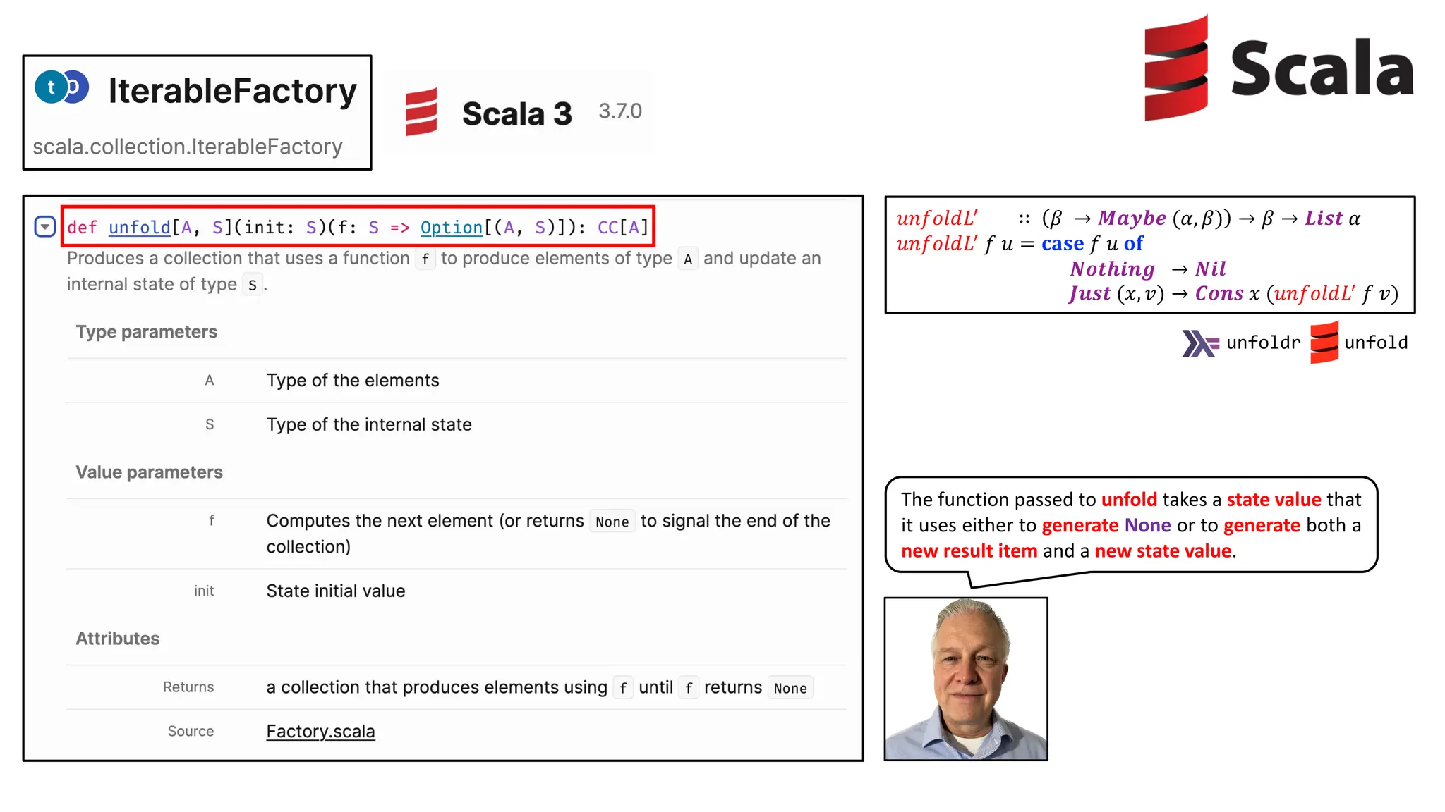 𝑢𝑛𝑓𝑜𝑙𝑑𝐿!
∷ 𝛽 → 𝑴𝒂𝒚𝒃𝒆 (𝛼, 𝛽) → 𝛽 → 𝑳𝒊𝒔𝒕 𝛼
𝑢𝑛𝑓𝑜𝑙𝑑𝐿!
𝑓 𝑢 = 𝐜𝐚𝐬𝐞 𝑓 𝑢 𝐨𝐟
𝑵𝒐𝒕𝒉𝒊𝒏𝒈 → 𝑵𝒊𝒍
𝑱𝒖𝒔𝒕 (𝑥, 𝑣) → 𝑪𝒐𝒏𝒔 𝑥 (𝑢𝑛𝑓𝑜𝑙𝑑𝐿!
𝑓 𝑣)
The function passed to unfold takes a state value that
it uses either to generate None or to generate both a
new result item and a new state value.
unfoldr unfold
 
