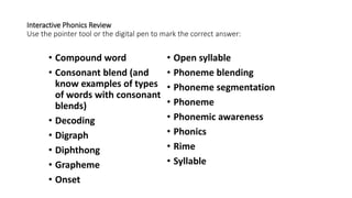 Interactive Phonics Review
Use the pointer tool or the digital pen to mark the correct answer:
• Compound word
• Consonant blend (and
know examples of types
of words with consonant
blends)
• Decoding
• Digraph
• Diphthong
• Grapheme
• Onset
• Open syllable
• Phoneme blending
• Phoneme segmentation
• Phoneme
• Phonemic awareness
• Phonics
• Rime
• Syllable
 