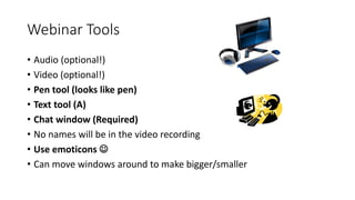 Webinar Tools
• Audio (optional!)
• Video (optional!)
• Pen tool (looks like pen)
• Text tool (A)
• Chat window (Required)
• No names will be in the video recording
• Use emoticons 
• Can move windows around to make bigger/smaller
 