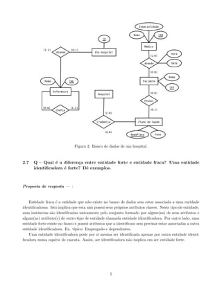Figura 2: Banco de dados de um hospital.
2.7 Q – Qual é a diferença entre entidade forte e entidade fraca? Uma entidade
identificadora é forte? Dê exemplos.
Proposta de resposta — :
Entidade fraca é a entidade que não existe no banco de dados sem estar associada a uma entidade
identificadoras. Isto implica que esta não possui seus próprios atributos chaves. Neste tipo de entidade,
suas instâncias são identificadas unicamente pelo conjunto formado por algum(ns) de seus atributos e
algum(ns) atributo(s) de outro tipo de entidade chamada entidade identificadora. Por outro lado, uma
entidade forte existe no banco e possui atributos que a identificam sem precisar estar associadas a outra
entidade identificadora. Ex. tı́pico: Empregado e dependentes.
Uma entidade identificadora pode por si mesma ser identificada apenas por outra entidade identi-
ficadora numa espécie de cascata. Assim, ser identificadora não implica em ser entidade forte.
5
 